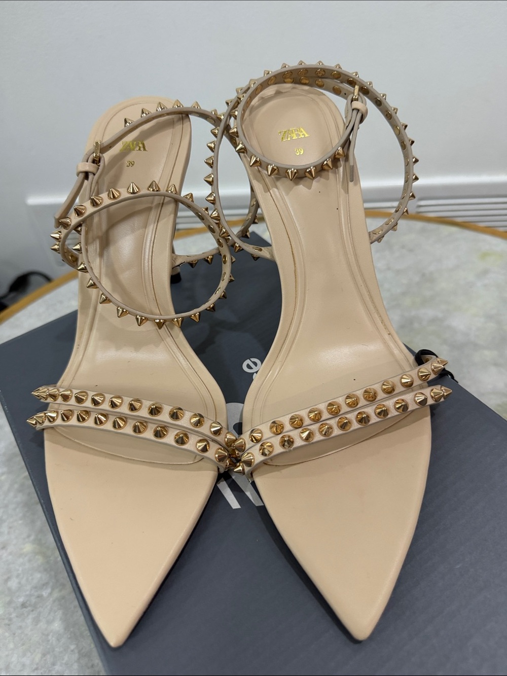 Zara Nude Beige Pointed Toe Studded Ankle Strap Heels